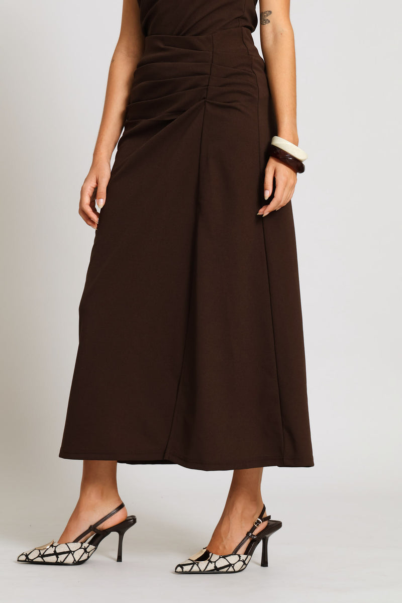 Ruched Flared Midi Skirt - Dark Chocolate