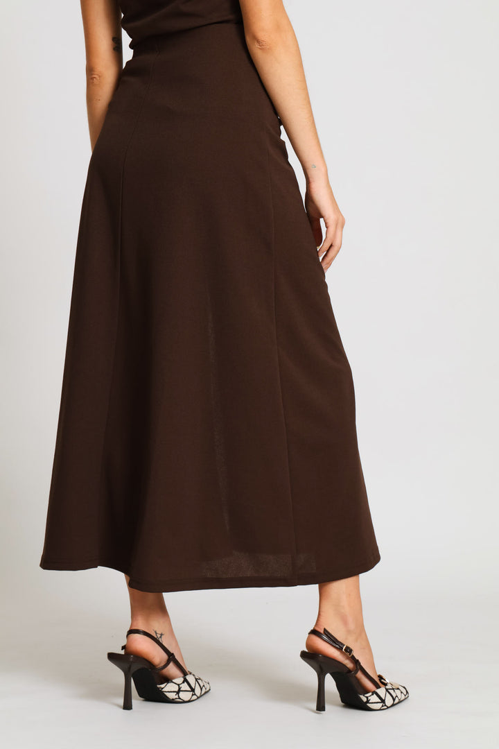 Ruched Flared Midi Skirt - Dark Chocolate