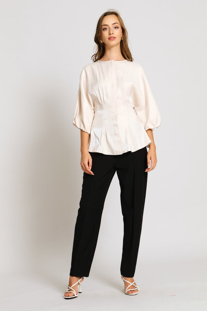 Darted Waist Metallic Blouse - Beige