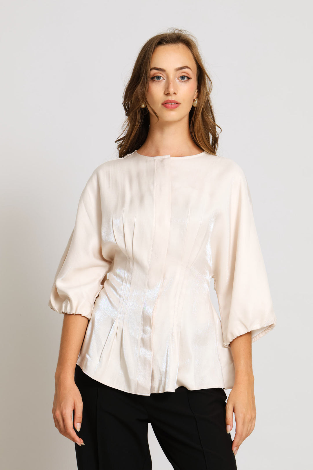 Darted Waist Metallic Blouse - Beige