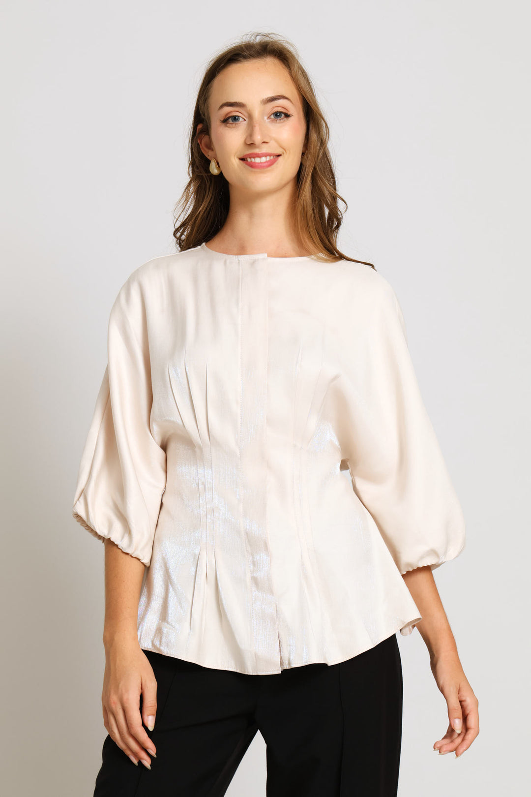 Darted Waist Metallic Blouse - Beige
