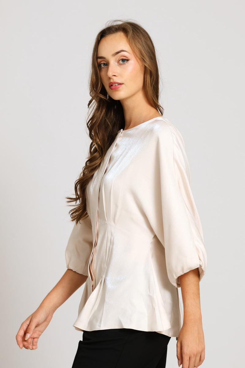 Darted Waist Metallic Blouse - Beige
