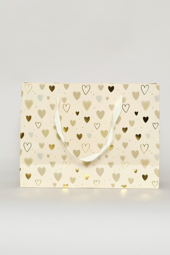 Geometric Heart Print Medium Gift Bag - Cream