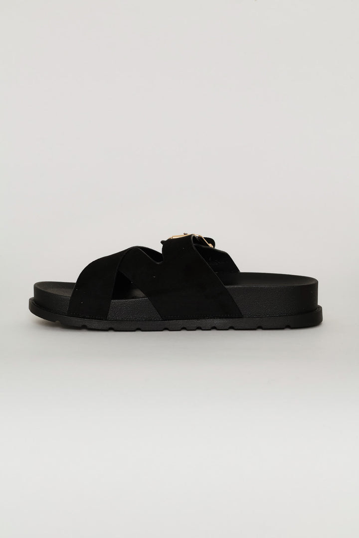 Mock Suede Buckle Sandal - Black