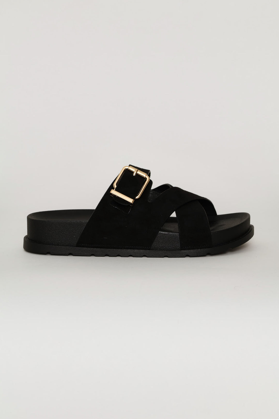 Mock Suede Buckle Sandal - Black