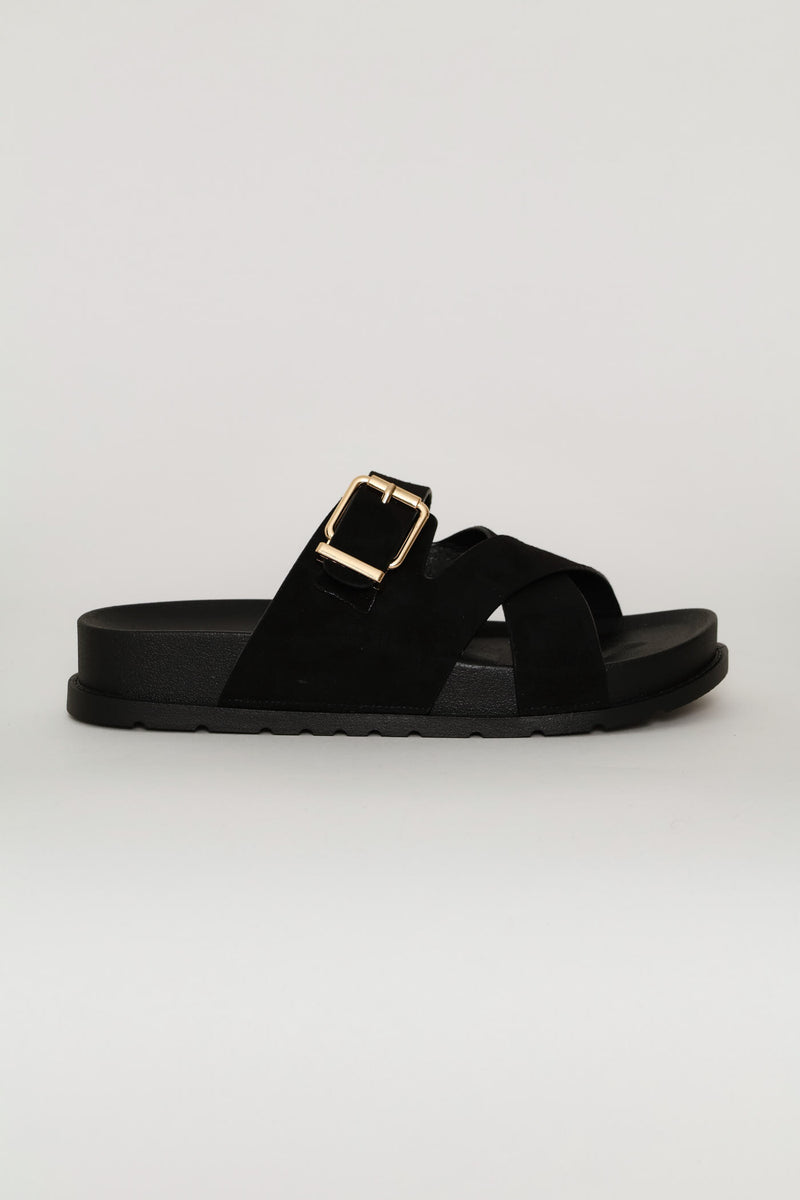Mock Suede Buckle Sandal - Black
