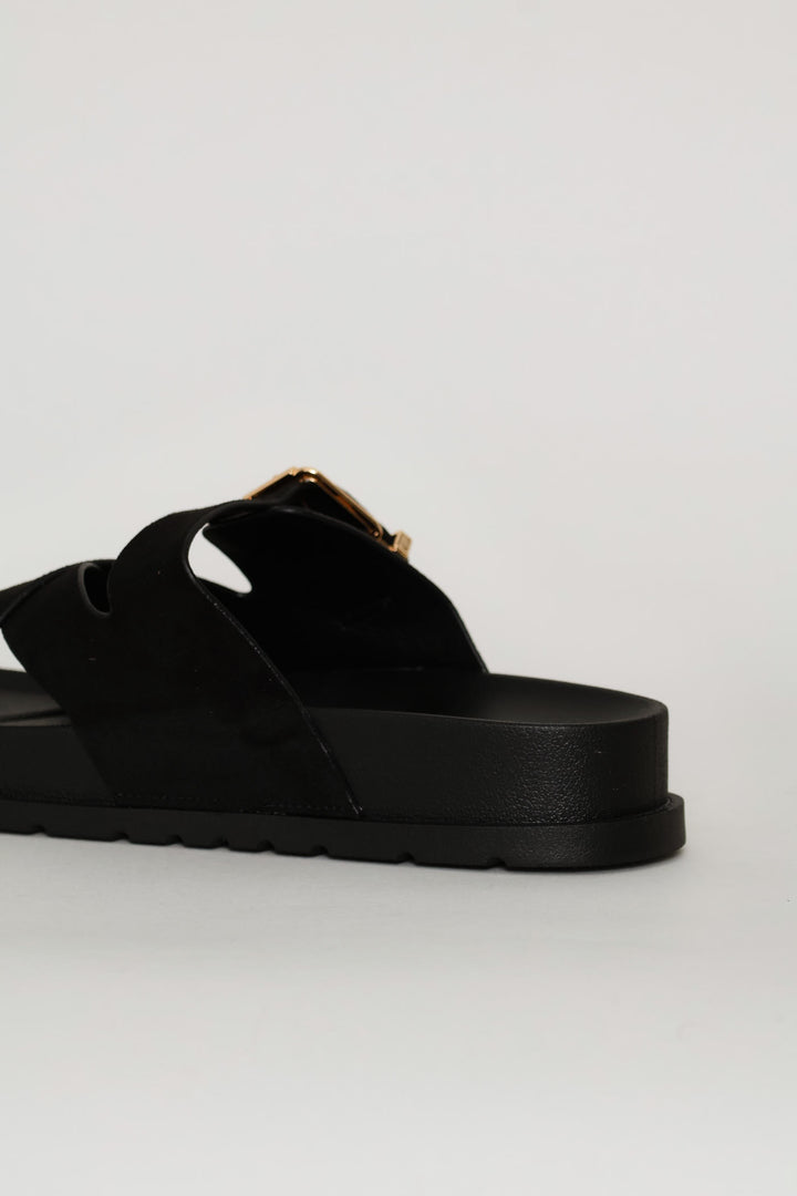 Mock Suede Buckle Sandal - Black