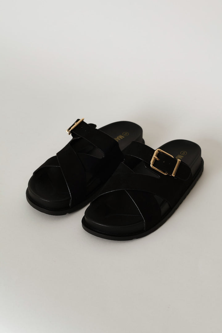 Mock Suede Buckle Sandal - Black