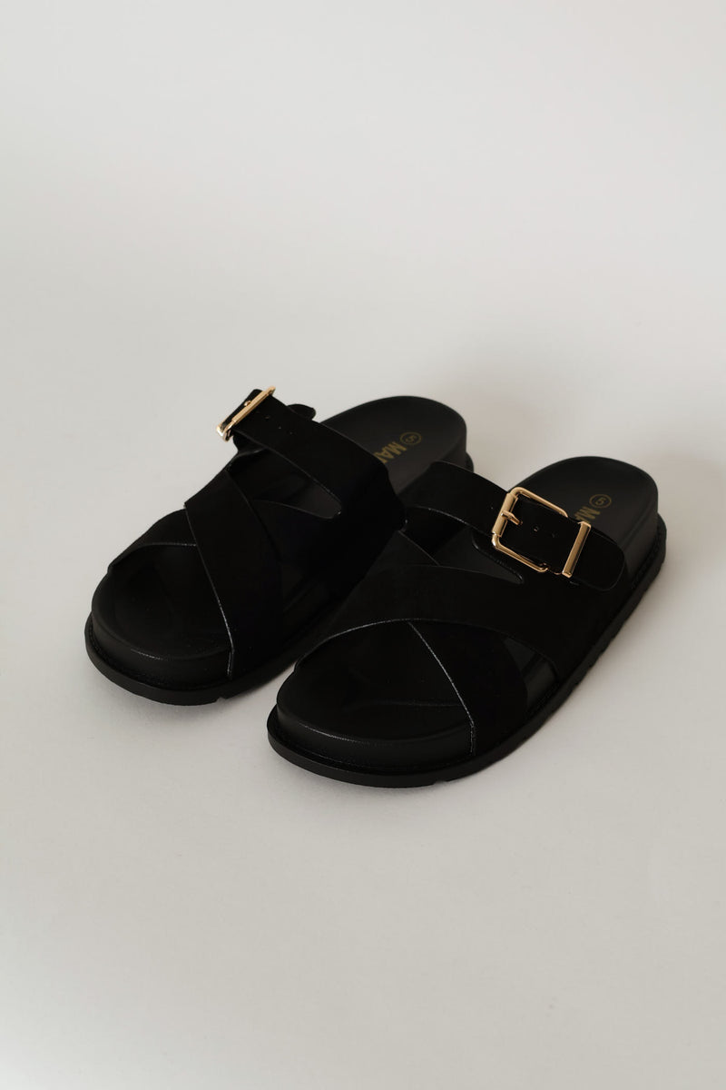 Mock Suede Buckle Sandal - Black