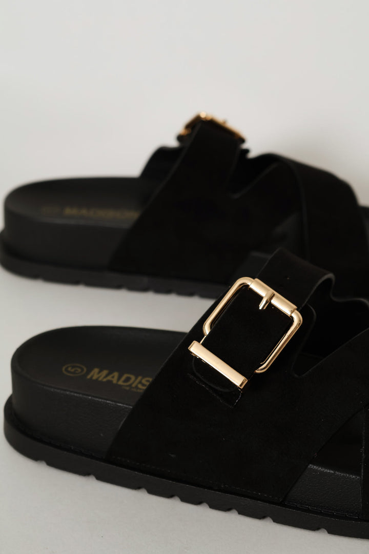Mock Suede Buckle Sandal - Black
