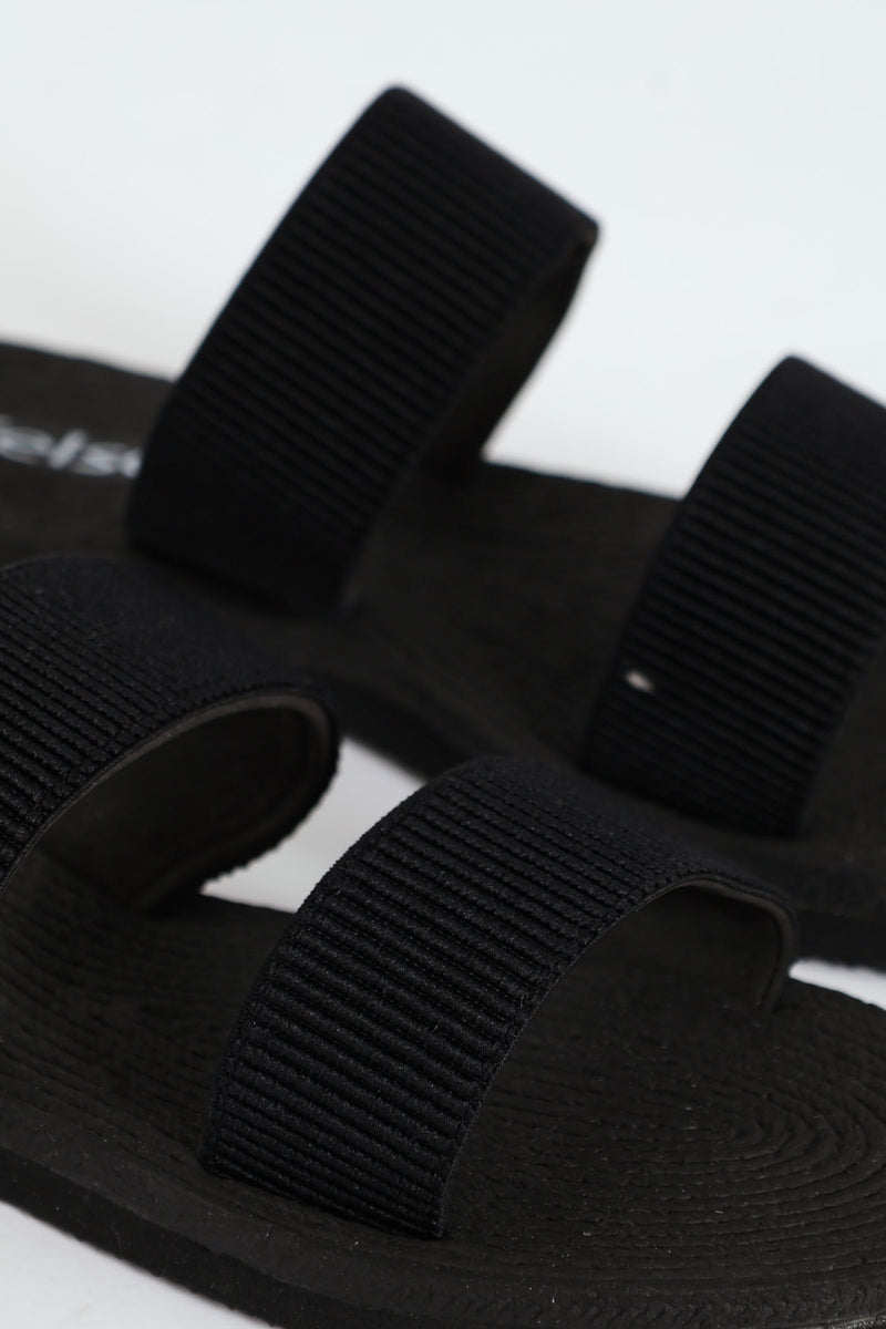 Double Elasticated Tape Mule Sandals - Black