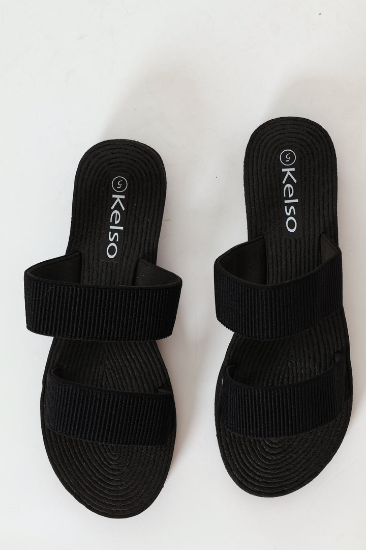 Double Elasticated Tape Mule Sandals - Black