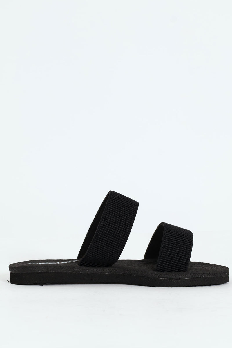 Double Elasticated Tape Mule Sandals - Black