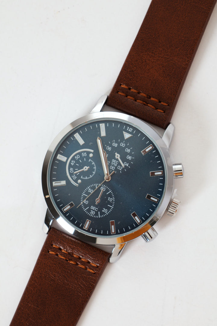 PU Blue Face Analogue Watch - Dark Brown