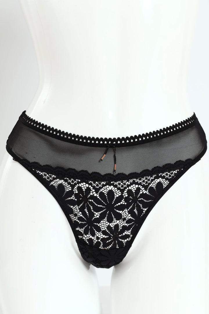 Lace & Mesh Thong Panty - Black