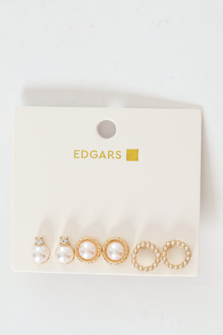 3 Pack Pearl Bead Stud Earrings - Gold