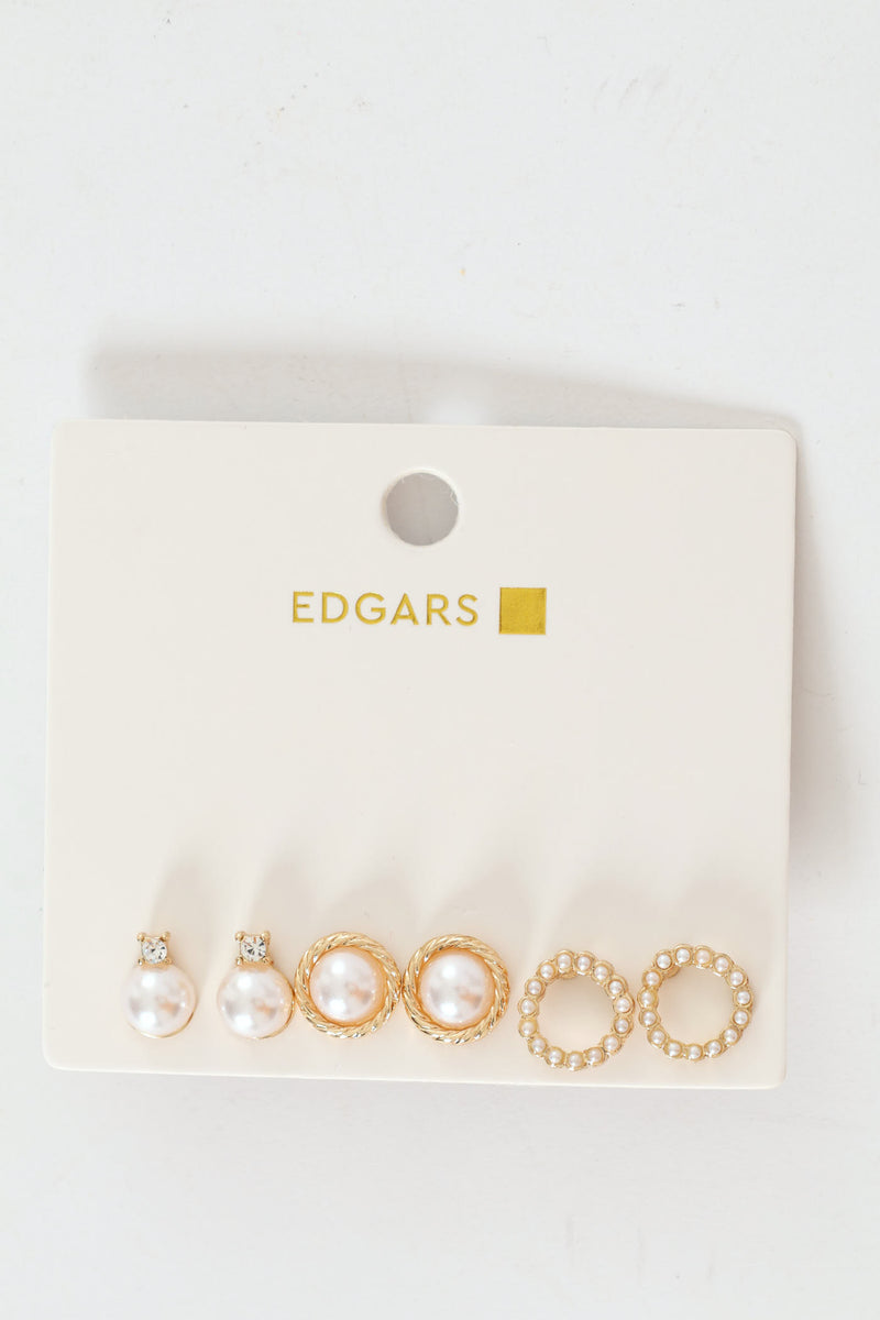 3 Pack Pearl Bead Stud Earrings - Gold