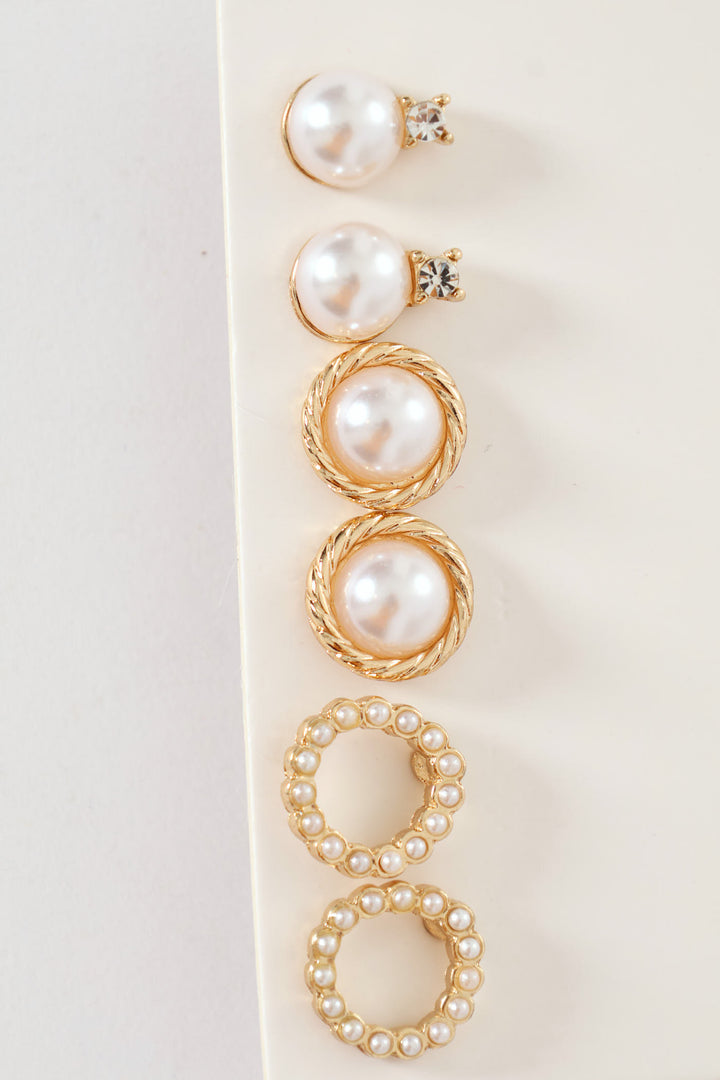 3 Pack Pearl Bead Stud Earrings - Gold