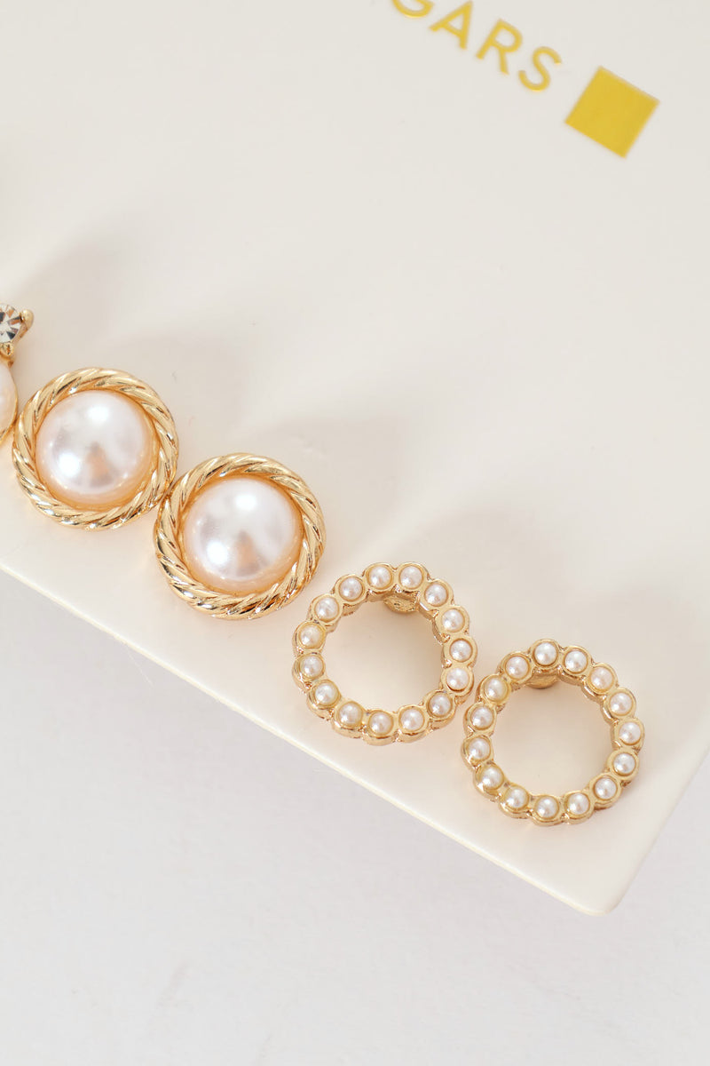 3 Pack Pearl Bead Stud Earrings - Gold