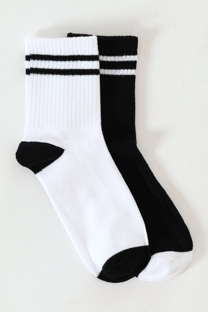2 Pack Stripe Crew Socks - White/Black