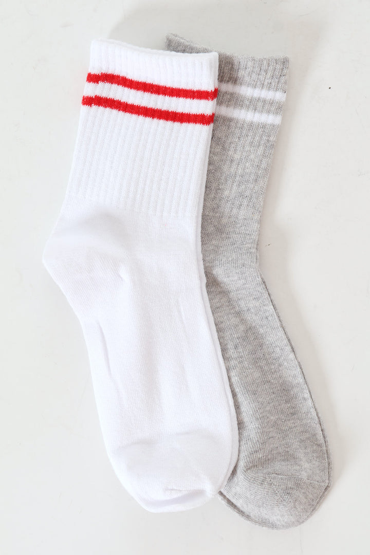 2 Pack Stripe Crew Socks - Grey Melange