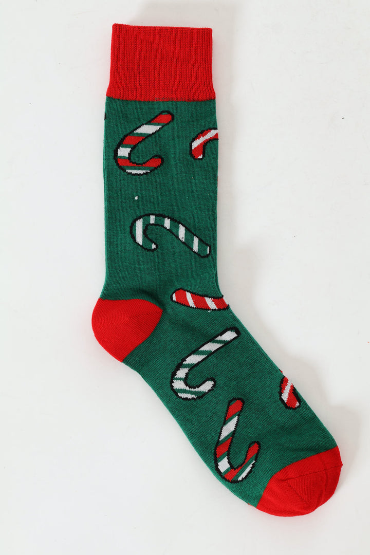Single Candy Cane Christmas Socks - Green/Red