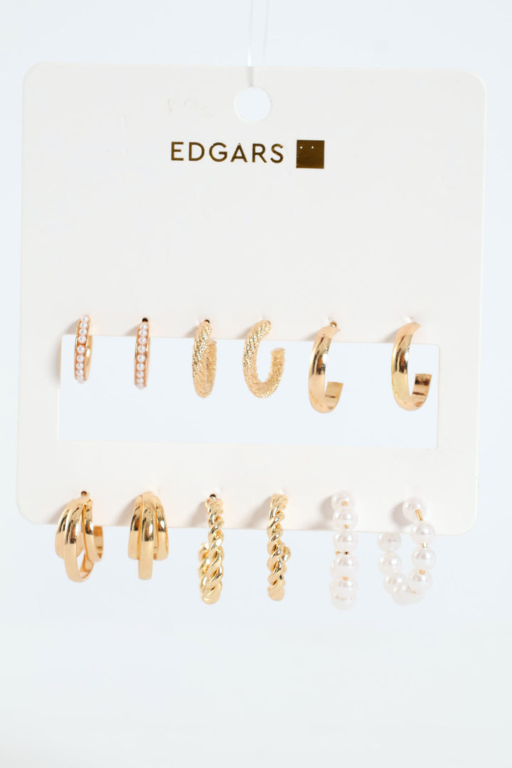 6 Pack Textured Hoop & Pearl Bead Earrings - Gold