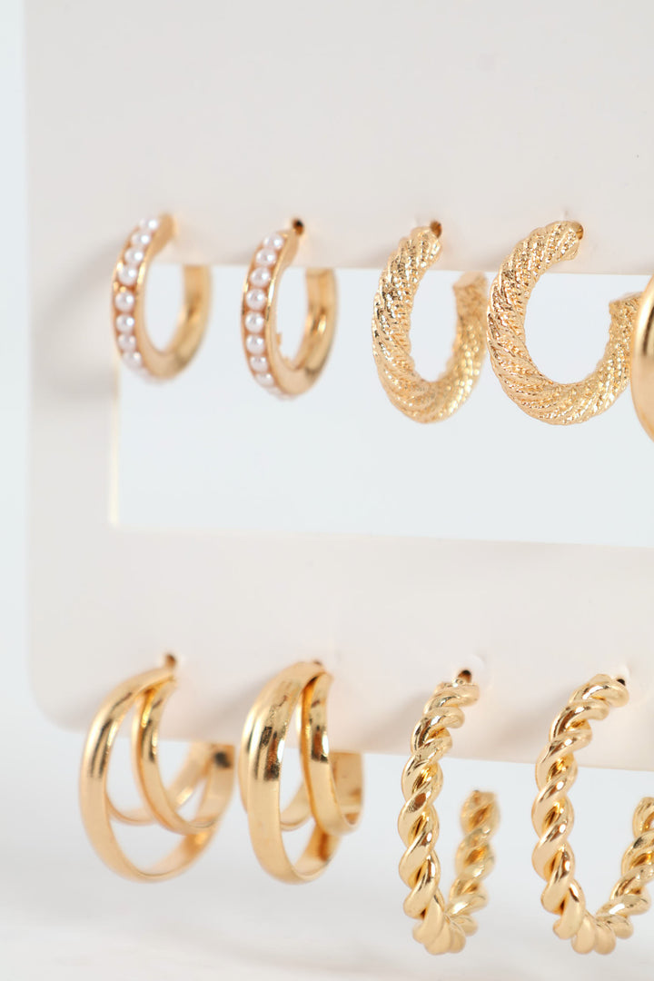 6 Pack Textured Hoop & Pearl Bead Earrings - Gold