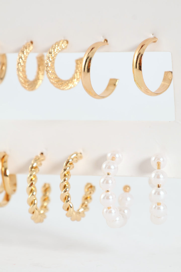 6 Pack Textured Hoop & Pearl Bead Earrings - Gold
