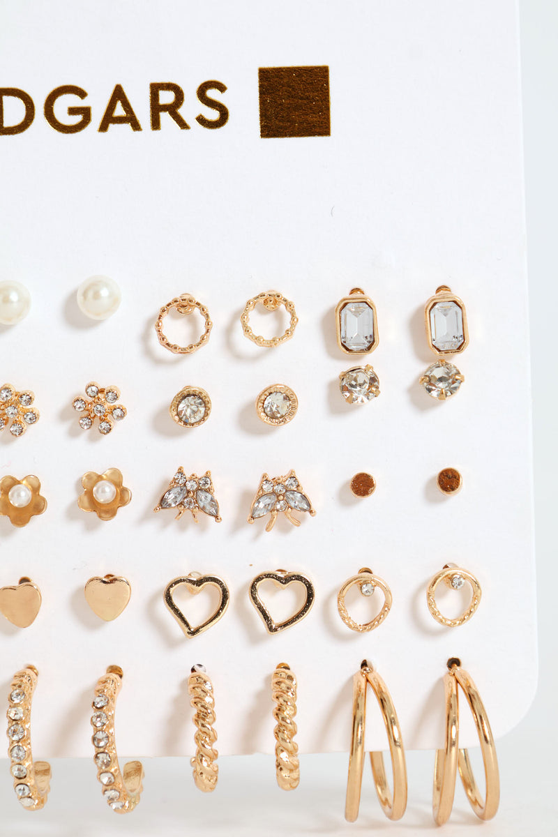 20 Pack Pearl Bead Floral Small Hoop Earrings - Gold