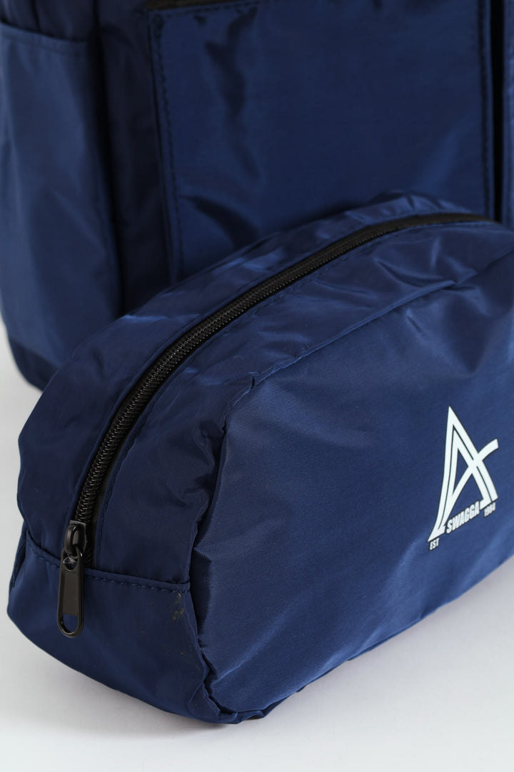 Double Front Pocket Nylon Backpack With Pencil Case - Navy