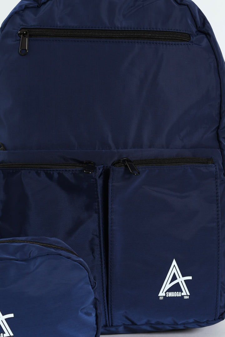 Double Front Pocket Nylon Backpack With Pencil Case - Navy