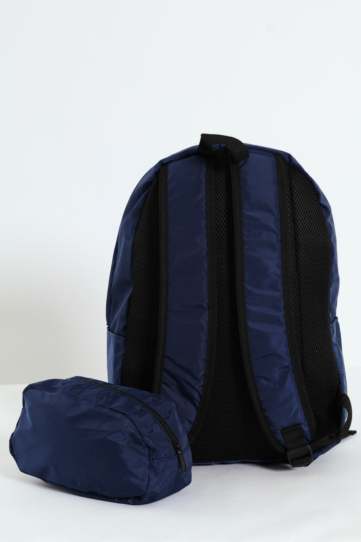Double Front Pocket Nylon Backpack With Pencil Case - Navy
