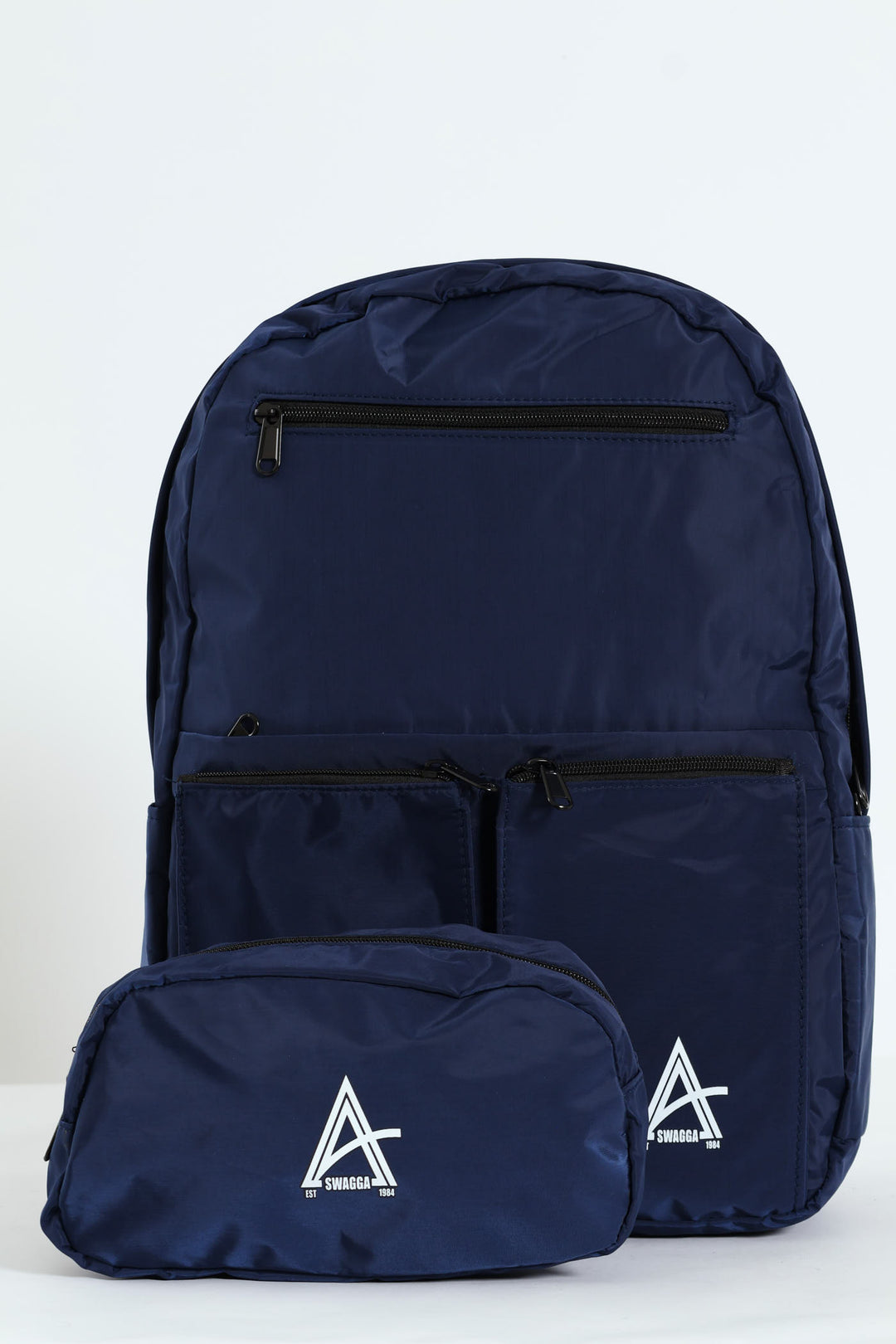 Double Front Pocket Nylon Backpack With Pencil Case - Navy