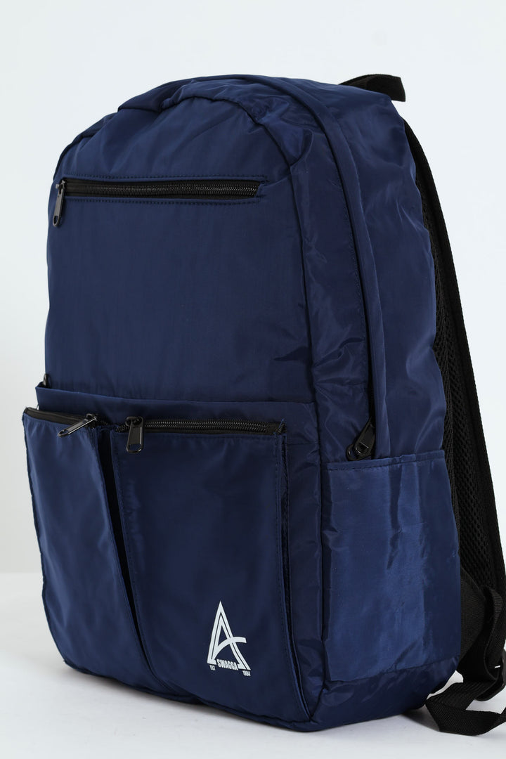 Double Front Pocket Nylon Backpack With Pencil Case - Navy