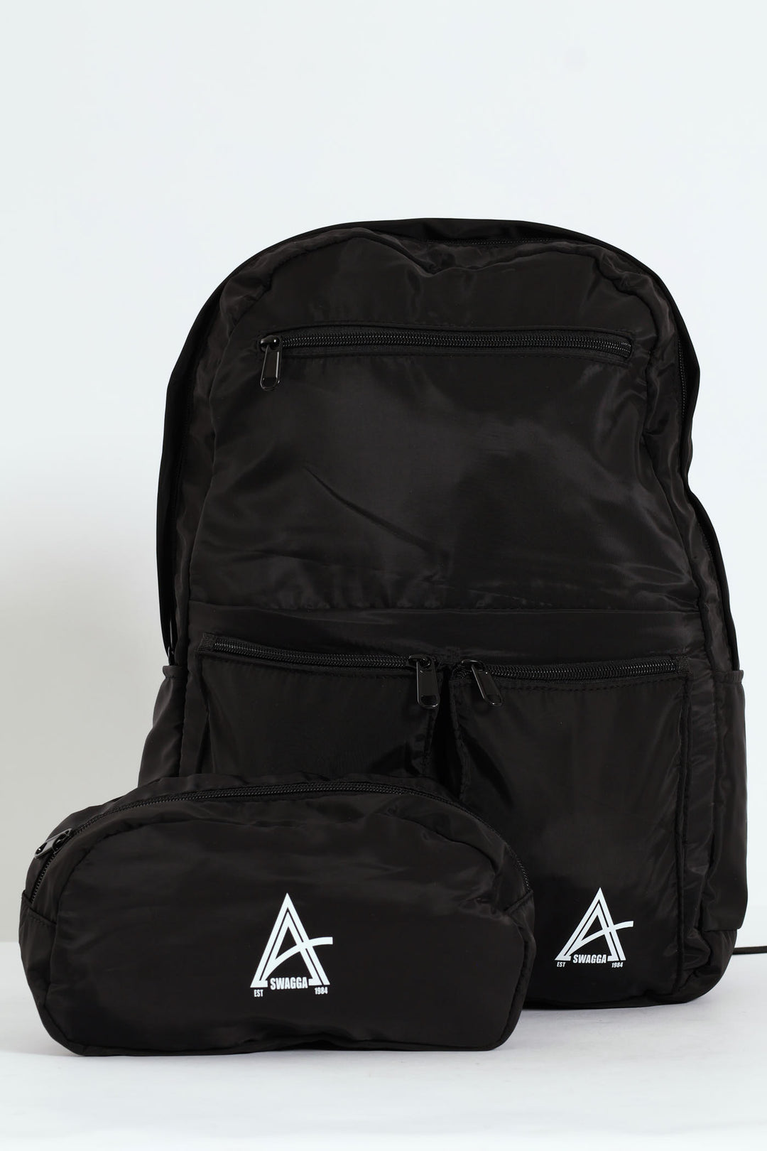 Double Front Pocket Nylon Backpack With Pencil Case - Black