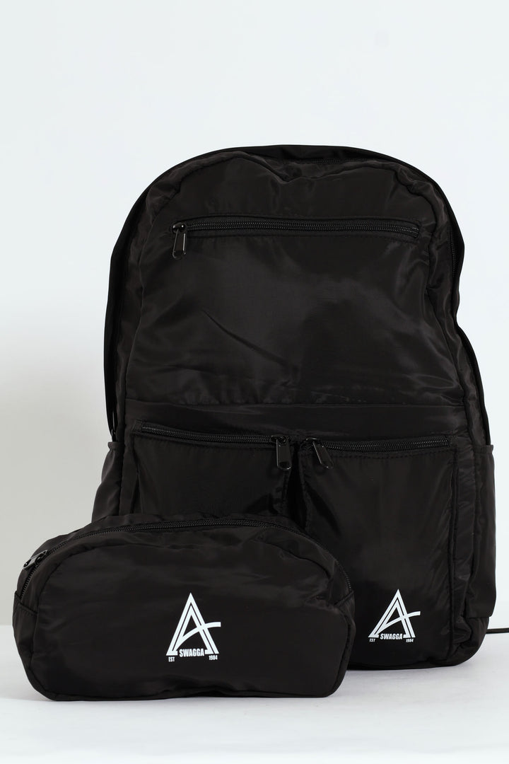 Double Front Pocket Nylon Backpack With Pencil Case - Black