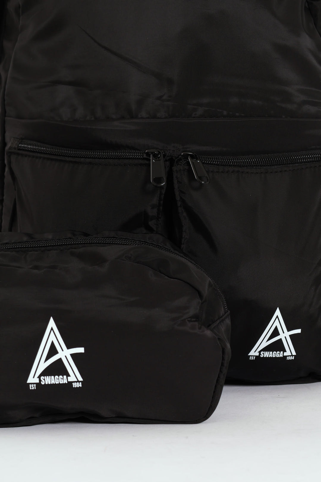 Double Front Pocket Nylon Backpack With Pencil Case - Black