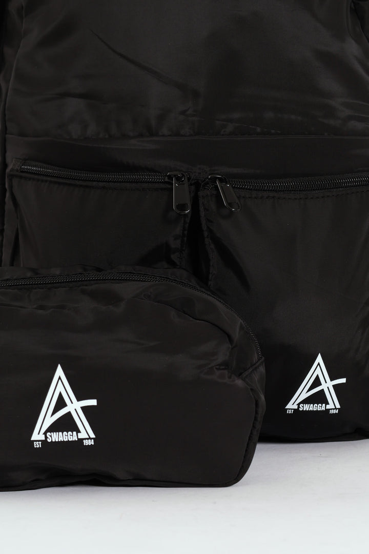 Double Front Pocket Nylon Backpack With Pencil Case - Black