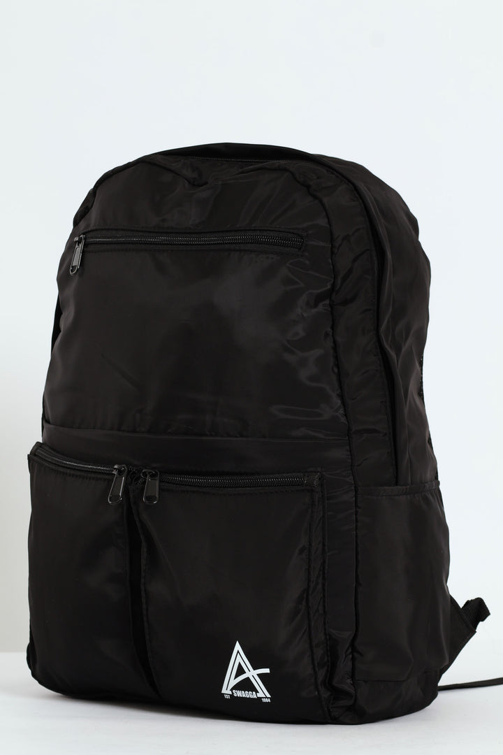 Double Front Pocket Nylon Backpack With Pencil Case - Black