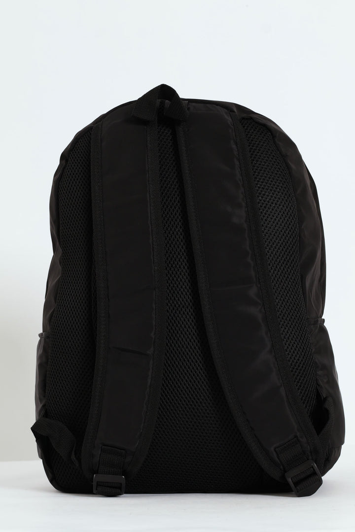 Double Front Pocket Nylon Backpack With Pencil Case - Black