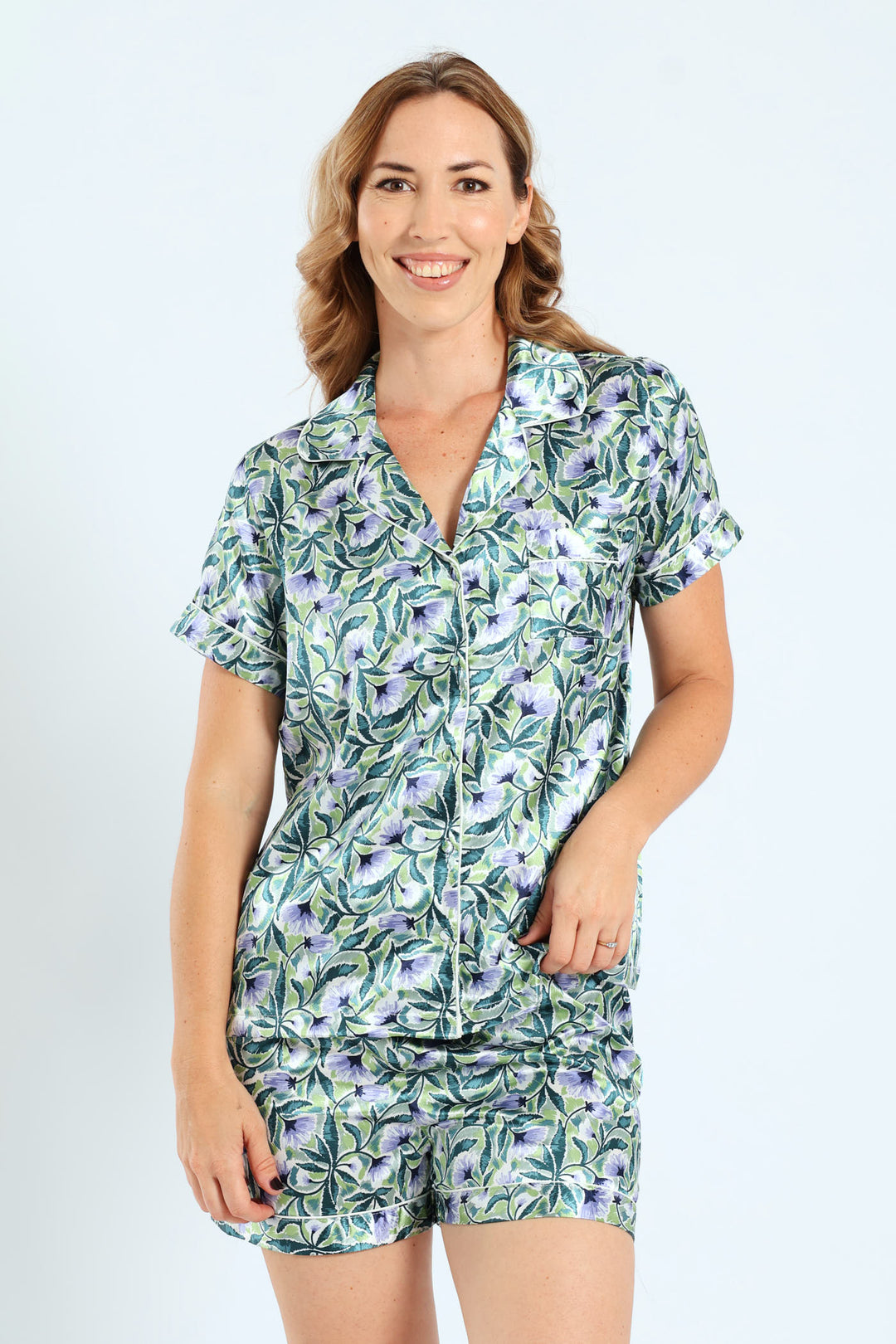 Satin Floral Sketch Button Through & Short Set - Mid Green