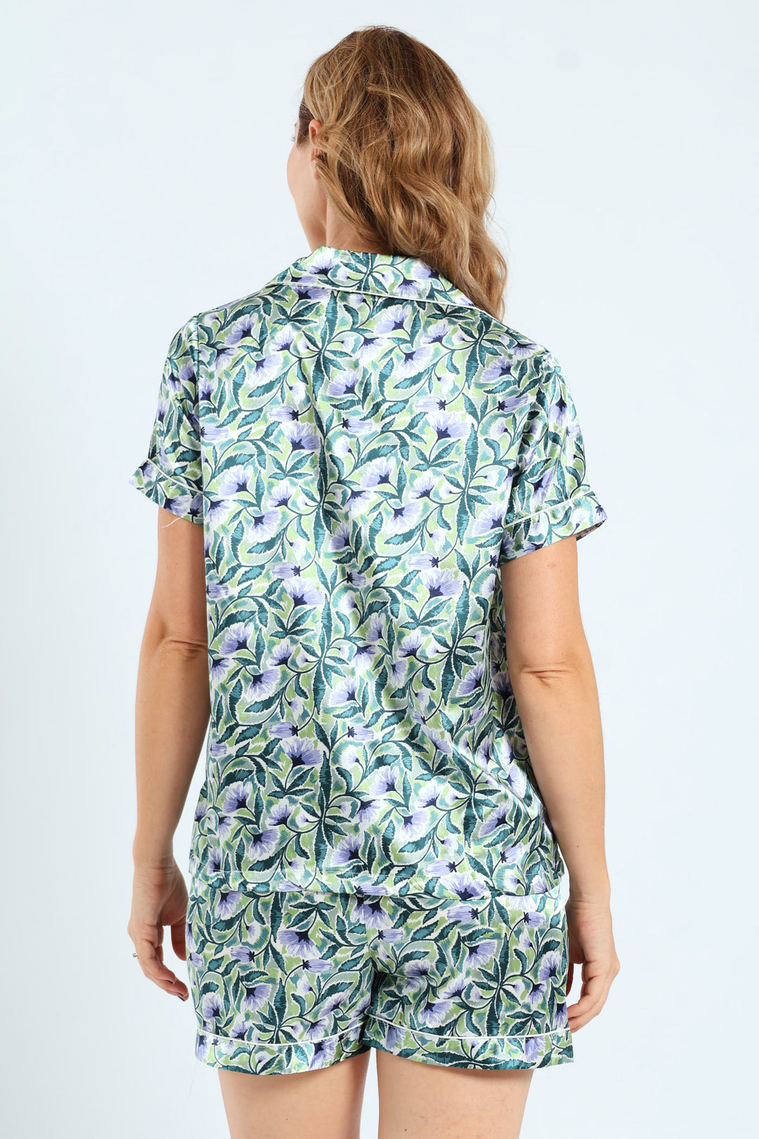 Satin Floral Sketch Button Through & Short Set - Mid Green