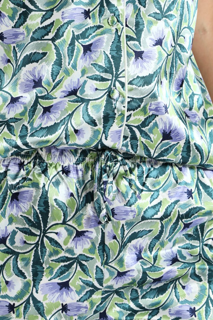 Satin Floral Sketch Button Through & Short Set - Mid Green
