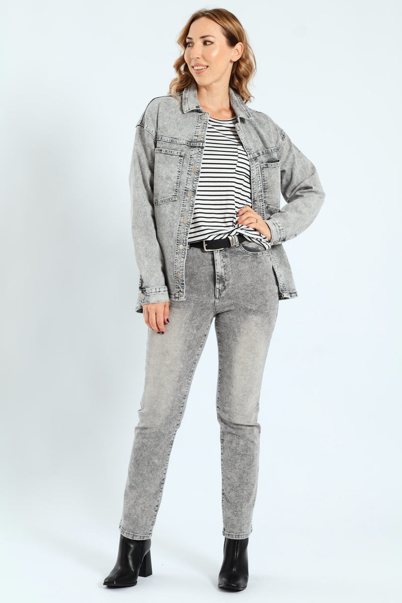 Curved Hem Stretch Denim Shacket - Salty Grey
