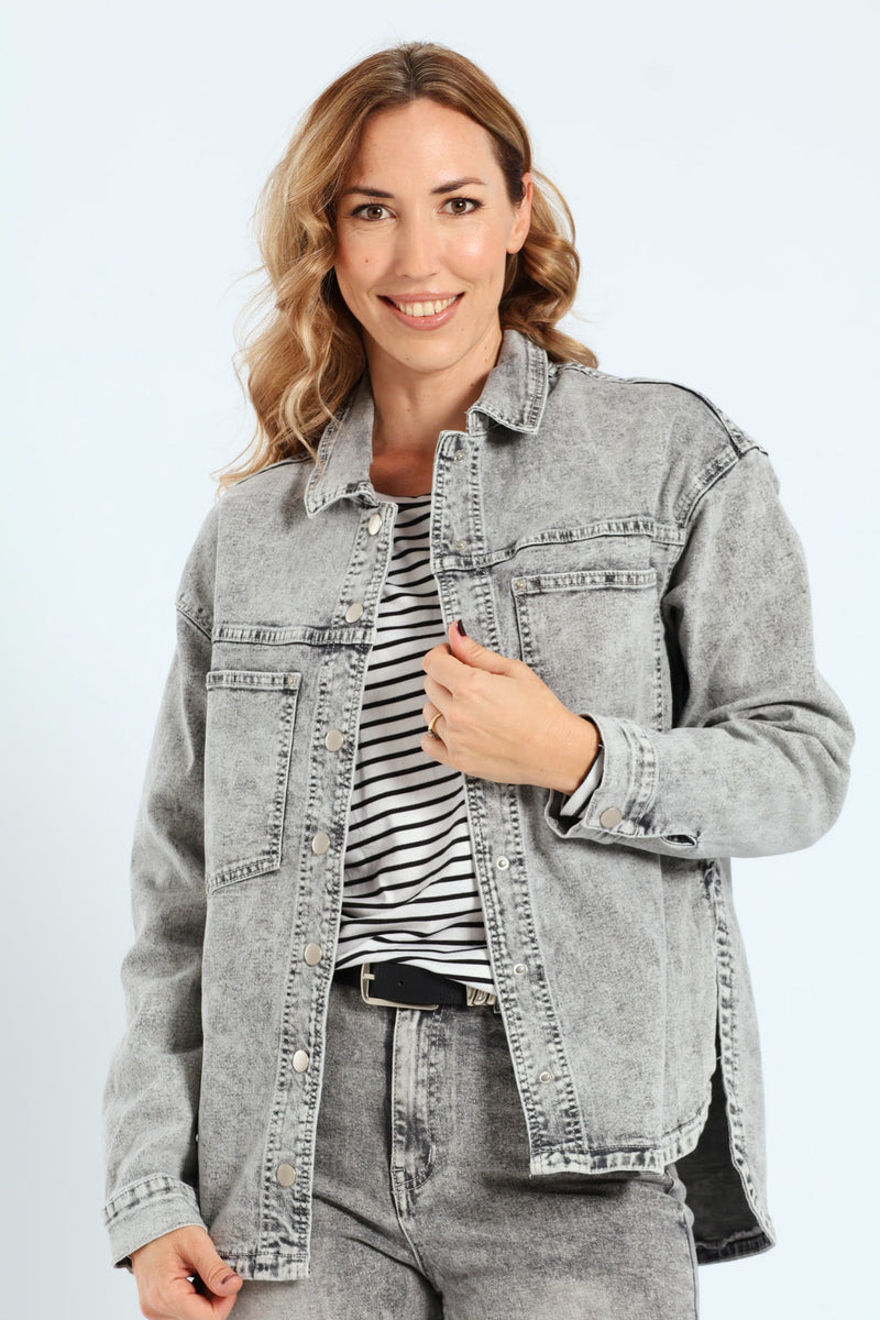 Curved Hem Stretch Denim Shacket - Salty Grey
