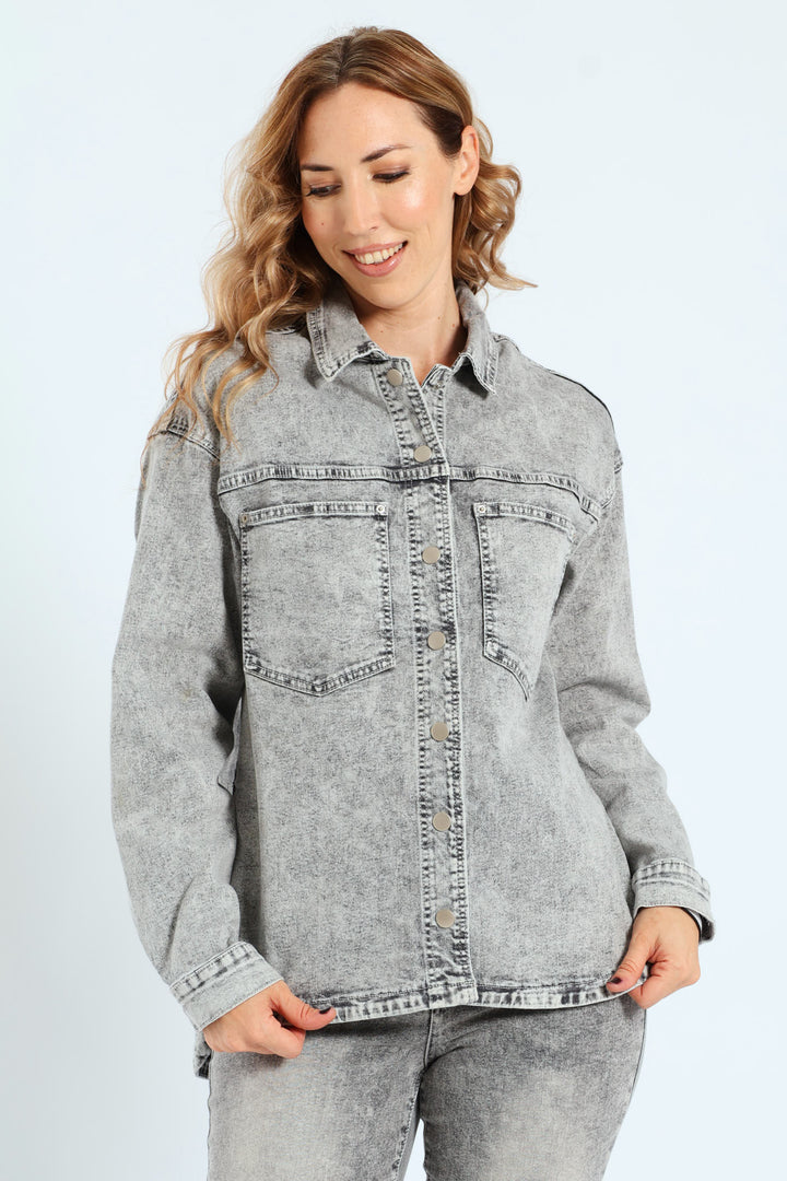 Curved Hem Stretch Denim Shacket - Salty Grey