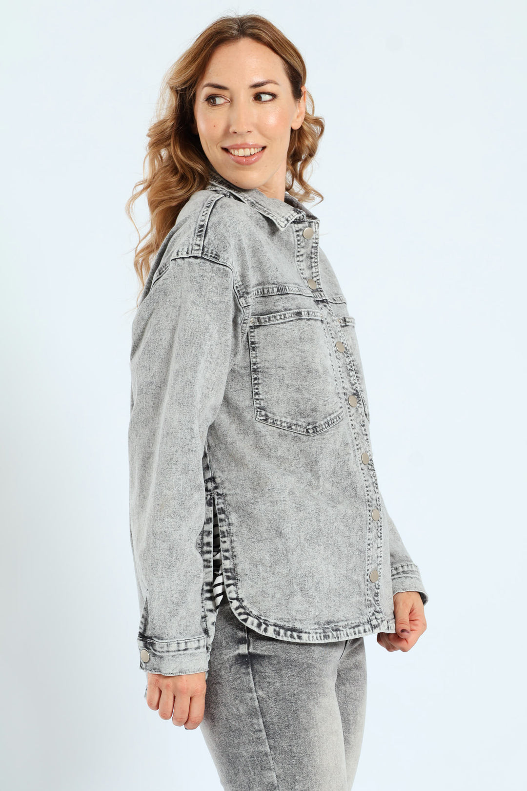 Curved Hem Stretch Denim Shacket - Salty Grey