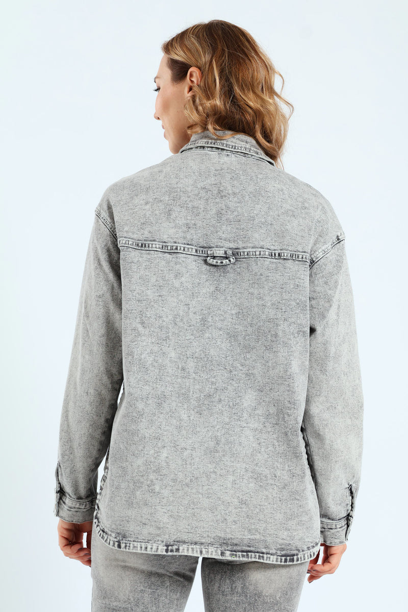 Curved Hem Stretch Denim Shacket - Salty Grey