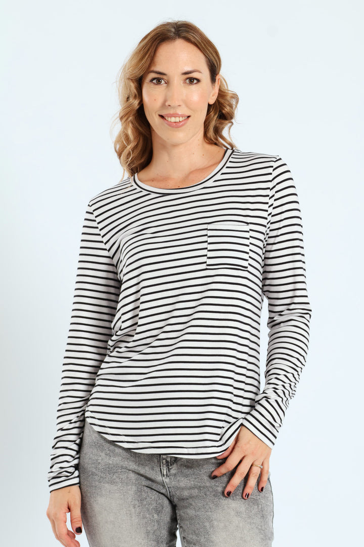 Stripe Pocket Crew Top - Black/Grey